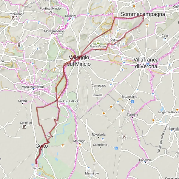 Miniatua del mapa de inspiración ciclista "Ruta de Grava a Valeggio sul Mincio" en Veneto, Italy. Generado por Tarmacs.app planificador de rutas ciclistas
