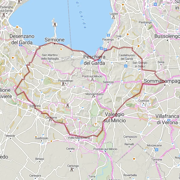 Map miniature of "Exploring Solferino and Sirmione" cycling inspiration in Veneto, Italy. Generated by Tarmacs.app cycling route planner