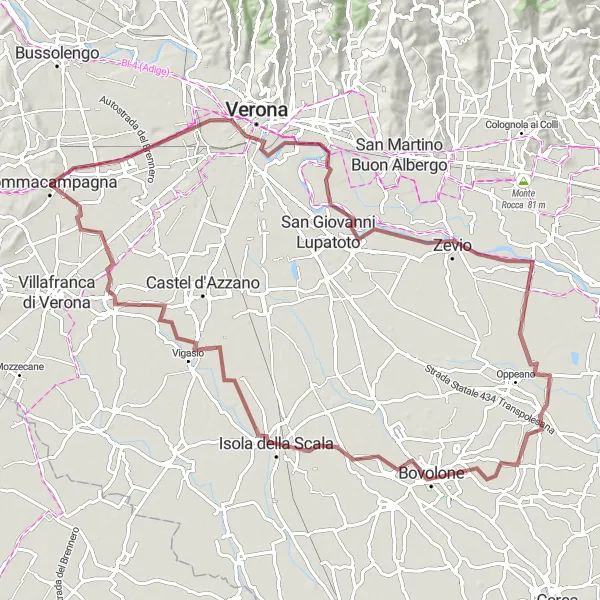 Miniatura della mappa di ispirazione al ciclismo "Percorso in bicicletta in Gravel attraverso Verona" nella regione di Veneto, Italy. Generata da Tarmacs.app, pianificatore di rotte ciclistiche