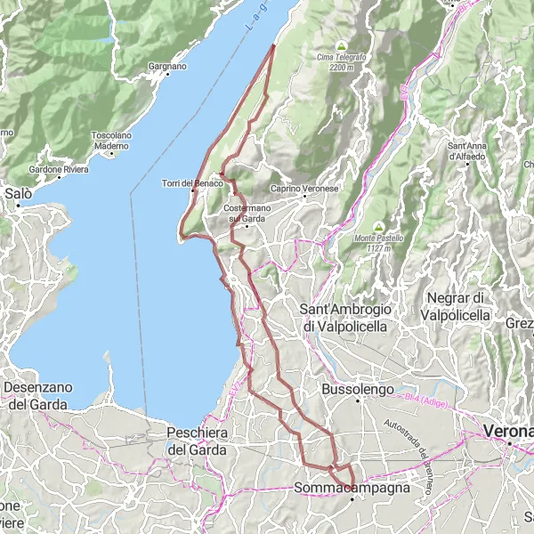 Map miniature of "Lazise and Torri del Benaco Gravel Adventure" cycling inspiration in Veneto, Italy. Generated by Tarmacs.app cycling route planner