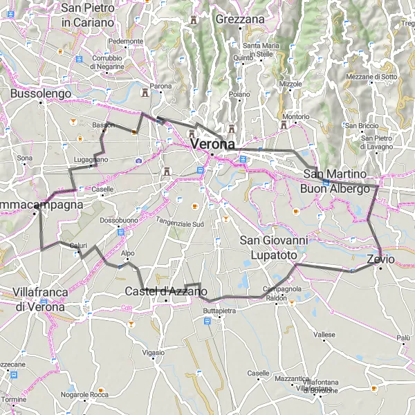 Map miniature of "Castel San Pietro Discovery" cycling inspiration in Veneto, Italy. Generated by Tarmacs.app cycling route planner