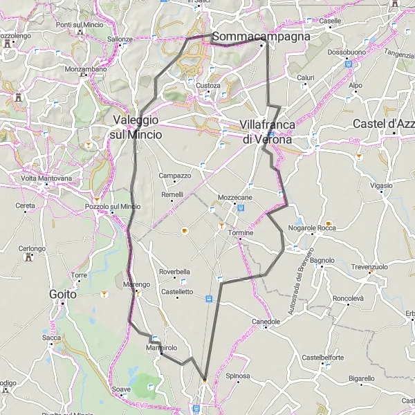 Miniatua del mapa de inspiración ciclista "Ruta panorámica de 63 km desde Sommacampagna" en Veneto, Italy. Generado por Tarmacs.app planificador de rutas ciclistas