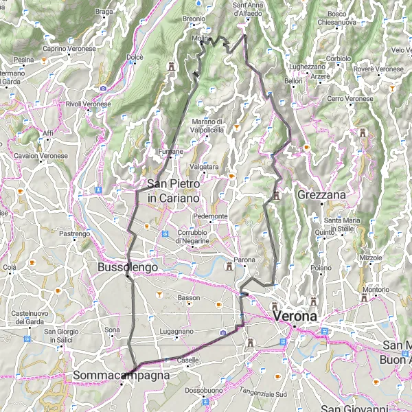 Map miniature of "Bussolengo and Monte Tesoro Loop" cycling inspiration in Veneto, Italy. Generated by Tarmacs.app cycling route planner