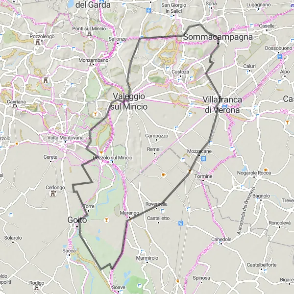 Zemljevid v pomanjšavi "Krožna kolesarska pot v bližini Sommacampagna" kolesarske inspiracije v Veneto, Italy. Generirano z načrtovalcem kolesarskih poti Tarmacs.app