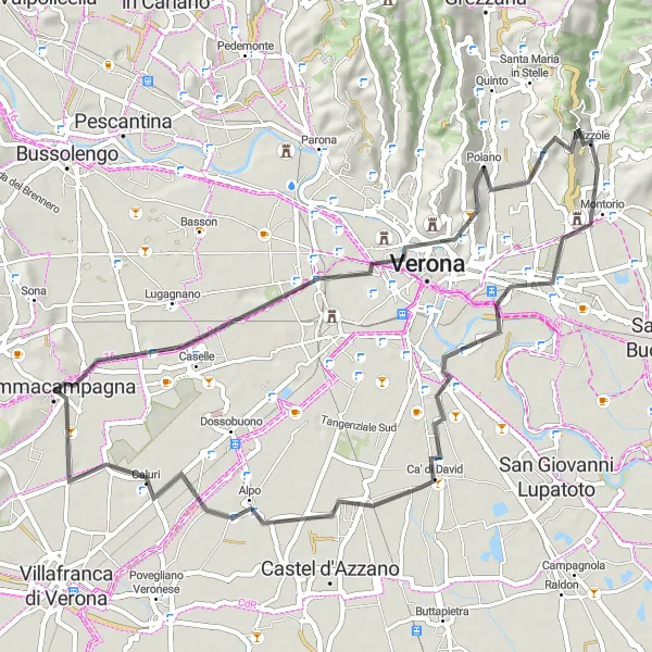 Map miniature of "Verona - Montorio - Alpo - Ganfardine Loop" cycling inspiration in Veneto, Italy. Generated by Tarmacs.app cycling route planner