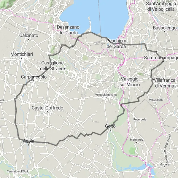 Miniatura della mappa di ispirazione al ciclismo "Giro in bicicletta da Sommacampagna" nella regione di Veneto, Italy. Generata da Tarmacs.app, pianificatore di rotte ciclistiche