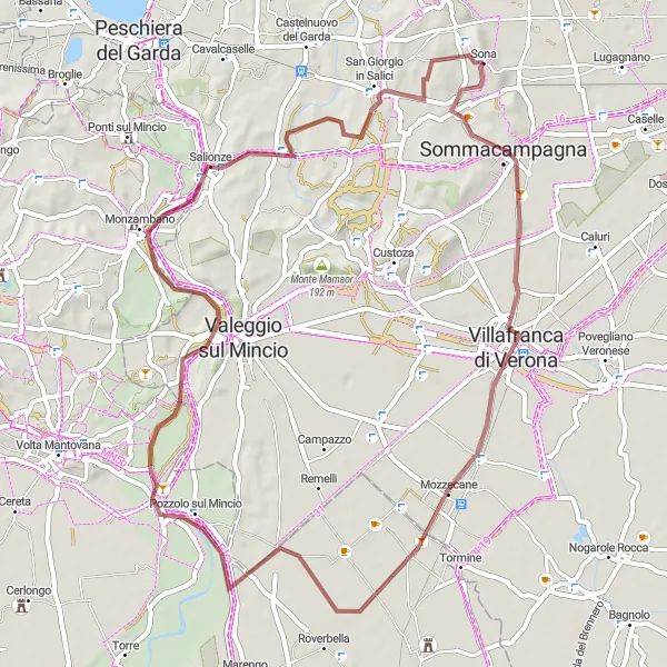 Karttaminiaatyyri "Sommacampagna-Mozzecane-Vista su Borghetto-Monzambano-Oliosi-San Giorgio in Salici" pyöräilyinspiraatiosta alueella Veneto, Italy. Luotu Tarmacs.app pyöräilyreittisuunnittelijalla