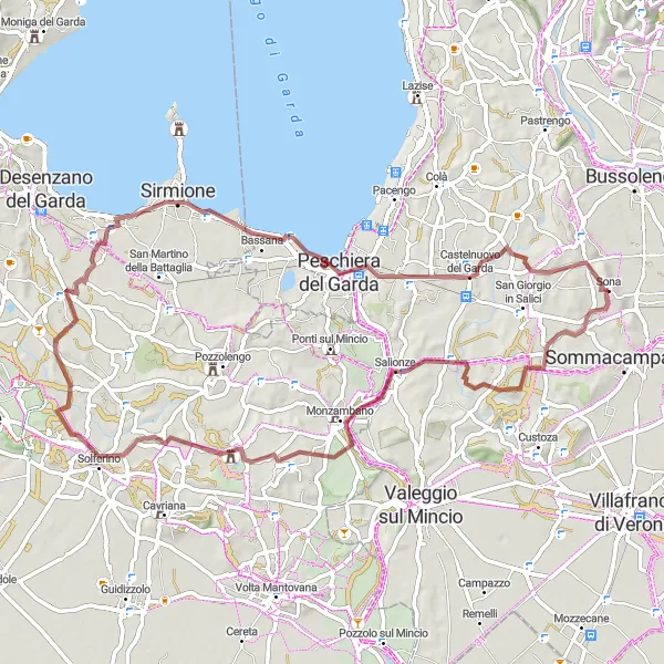 Miniatura della mappa di ispirazione al ciclismo "Esplorazione tra Salionze e Castelnuovo del Garda" nella regione di Veneto, Italy. Generata da Tarmacs.app, pianificatore di rotte ciclistiche