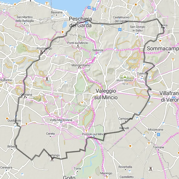 Miniatura della mappa di ispirazione al ciclismo "Tra Custoza e Cavalcaselle" nella regione di Veneto, Italy. Generata da Tarmacs.app, pianificatore di rotte ciclistiche