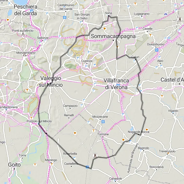 Miniatura della mappa di ispirazione al ciclismo "Giro in bicicletta da Sona a Valeggio sul Mincio" nella regione di Veneto, Italy. Generata da Tarmacs.app, pianificatore di rotte ciclistiche