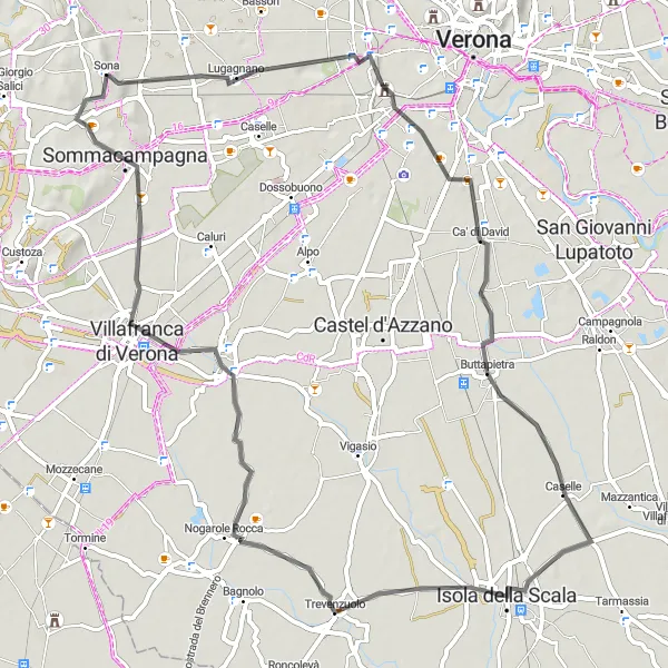 Mapa miniatúra "Cyklotrasa s pôvodom v Sona" cyklistická inšpirácia v Veneto, Italy. Vygenerované cyklistickým plánovačom trás Tarmacs.app