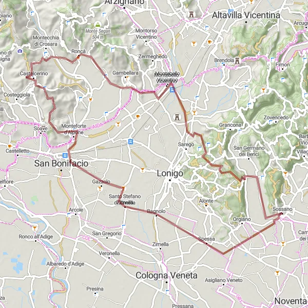 Mapa miniatúra "Gravel Sossano - Montebello Vicentino" cyklistická inšpirácia v Veneto, Italy. Vygenerované cyklistickým plánovačom trás Tarmacs.app