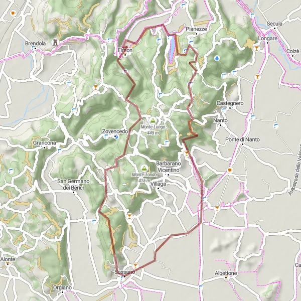 Karten-Miniaturansicht der Radinspiration "Gravel Tour um Sossano" in Veneto, Italy. Erstellt vom Tarmacs.app-Routenplaner für Radtouren