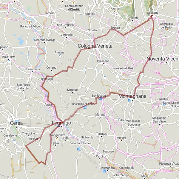 Miniatua del mapa de inspiración ciclista "Ruta de ciclismo de grava por Pojana Maggiore, Legnago y Angiari" en Veneto, Italy. Generado por Tarmacs.app planificador de rutas ciclistas