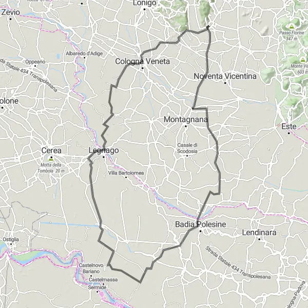 Miniature de la carte de l'inspiration cycliste "Le Tour de Megliadino San Vitale" dans la Veneto, Italy. Générée par le planificateur d'itinéraire cycliste Tarmacs.app