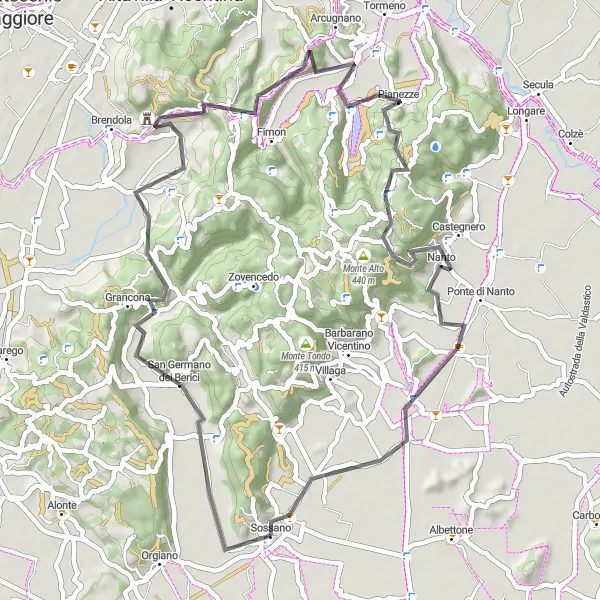 Miniatua del mapa de inspiración ciclista "Ruta de Sossano Road Cycling" en Veneto, Italy. Generado por Tarmacs.app planificador de rutas ciclistas