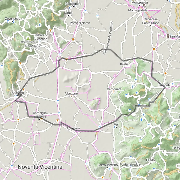 Karttaminiaatyyri "Sossano - Passo Fiorine - Agugliaro" pyöräilyinspiraatiosta alueella Veneto, Italy. Luotu Tarmacs.app pyöräilyreittisuunnittelijalla