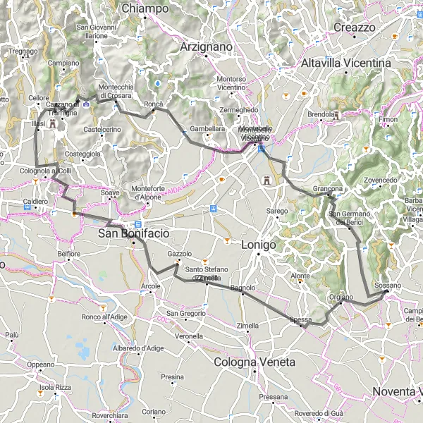 Miniature de la carte de l'inspiration cycliste "Les Berici Hills Vélo Tour" dans la Veneto, Italy. Générée par le planificateur d'itinéraire cycliste Tarmacs.app
