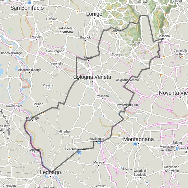 Miniatua del mapa de inspiración ciclista "Ruta de ciclismo en carretera por Roveredo di Guà, Bonavigo y Alonte" en Veneto, Italy. Generado por Tarmacs.app planificador de rutas ciclistas