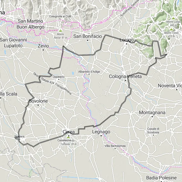 Miniatua del mapa de inspiración ciclista "Excursión en bicicleta por Cologna Veneta, Sanguinetto, Arcole y más" en Veneto, Italy. Generado por Tarmacs.app planificador de rutas ciclistas