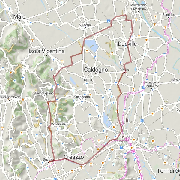 Mapa miniatúra "Gravelová trasa cez Gambugliano a Creazzo" cyklistická inšpirácia v Veneto, Italy. Vygenerované cyklistickým plánovačom trás Tarmacs.app