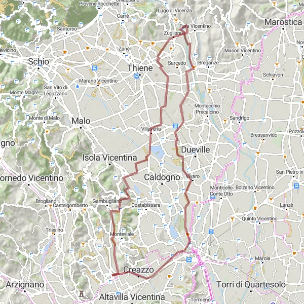 Miniatura della mappa di ispirazione al ciclismo "Giro in Gravel da Sovizzo alle Ville Venete" nella regione di Veneto, Italy. Generata da Tarmacs.app, pianificatore di rotte ciclistiche