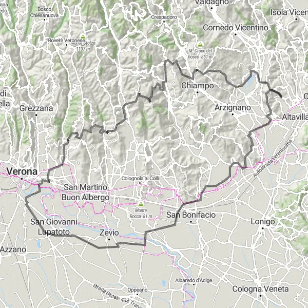 Miniatuurkaart van de fietsinspiratie "Wegen en beklimmingen van Veneto" in Veneto, Italy. Gemaakt door de Tarmacs.app fietsrouteplanner