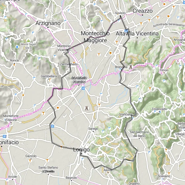 Mapa miniatúra "Cestná cyklotrasa v blízkosti Sovizza" cyklistická inšpirácia v Veneto, Italy. Vygenerované cyklistickým plánovačom trás Tarmacs.app