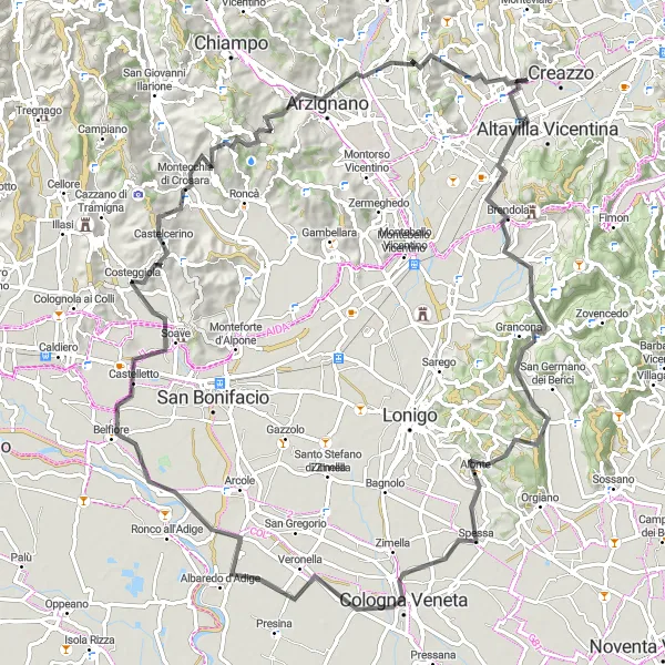 Miniatura della mappa di ispirazione al ciclismo "Scoperta delle colline venete da Brendola a Sovizzo" nella regione di Veneto, Italy. Generata da Tarmacs.app, pianificatore di rotte ciclistiche