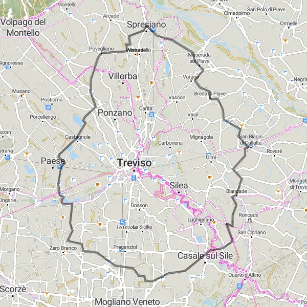 Map miniature of "Spresiano Loop" cycling inspiration in Veneto, Italy. Generated by Tarmacs.app cycling route planner