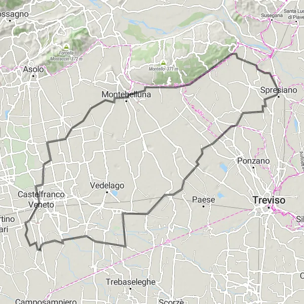 Map miniature of "Hills and Valleys Adventure from Spresiano" cycling inspiration in Veneto, Italy. Generated by Tarmacs.app cycling route planner