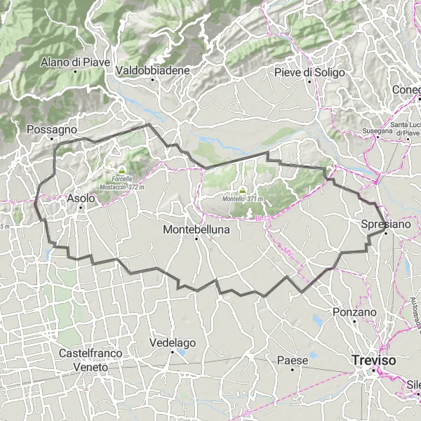 Map miniature of "Challenge the Hills: Spresiano Edition" cycling inspiration in Veneto, Italy. Generated by Tarmacs.app cycling route planner