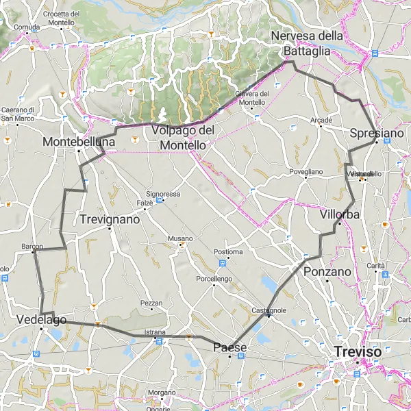 Map miniature of "Countryside Serenity: Spresiano Loop" cycling inspiration in Veneto, Italy. Generated by Tarmacs.app cycling route planner