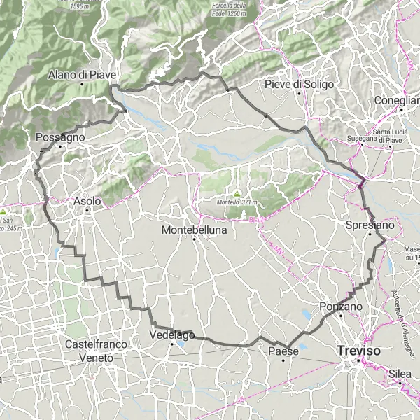 Kartminiatyr av "Utmanande rundtur från Spresiano via Paese, Vedelago, Riese Pio X och Monte san Nicolò" cykelinspiration i Veneto, Italy. Genererad av Tarmacs.app cykelruttplanerare