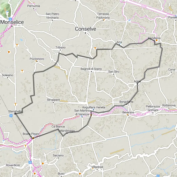 Map miniature of "Stanghella to Boara Pisani" cycling inspiration in Veneto, Italy. Generated by Tarmacs.app cycling route planner