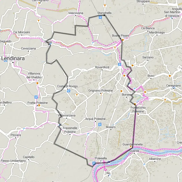 Miniatura della mappa di ispirazione al ciclismo "Giro in bici da Stanghella a Rovigo e Barbona" nella regione di Veneto, Italy. Generata da Tarmacs.app, pianificatore di rotte ciclistiche