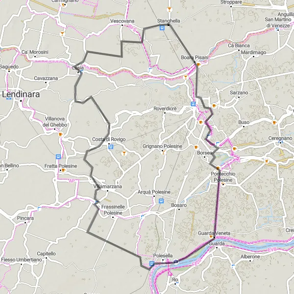 Map miniature of "Veneto Loop: Rovigo to Stanghella" cycling inspiration in Veneto, Italy. Generated by Tarmacs.app cycling route planner