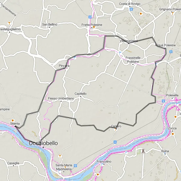 Miniatua del mapa de inspiración ciclista "Ruta de ciclismo de carretera desde Stienta a través de Pincara, Villamarzana, Canaro y Occhiobello" en Veneto, Italy. Generado por Tarmacs.app planificador de rutas ciclistas