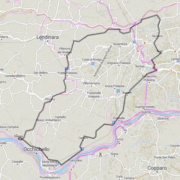 Miniatura della mappa di ispirazione al ciclismo "Passeggiata Ciclabile da Stienta a Occhiobello" nella regione di Veneto, Italy. Generata da Tarmacs.app, pianificatore di rotte ciclistiche