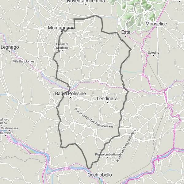 Miniatua del mapa de inspiración ciclista "Recorrido en carretera desde Stienta a Fratta Polesine" en Veneto, Italy. Generado por Tarmacs.app planificador de rutas ciclistas