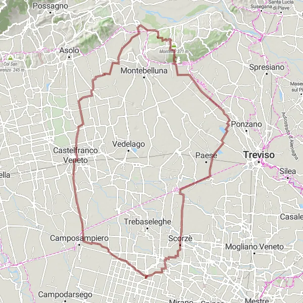 Zemljevid v pomanjšavi "Pustolovska kolesarska pot v dolžini 102 km po makadamu z vzponom 414 m" kolesarske inspiracije v Veneto, Italy. Generirano z načrtovalcem kolesarskih poti Tarmacs.app