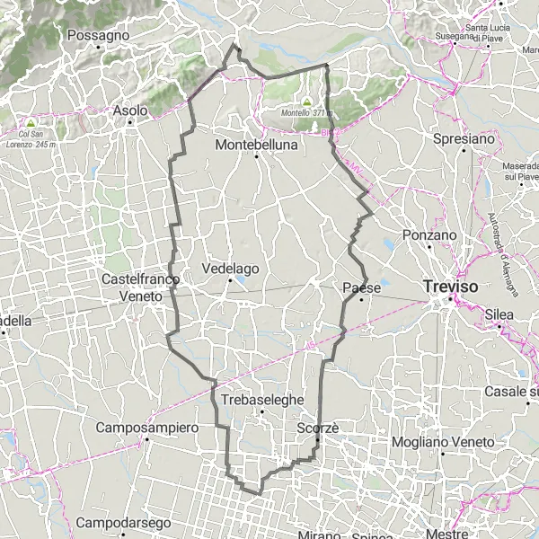 Zemljevid v pomanjšavi "Kolesarjenje po dolžini 103 km na cesti z vzponom 392 m" kolesarske inspiracije v Veneto, Italy. Generirano z načrtovalcem kolesarskih poti Tarmacs.app