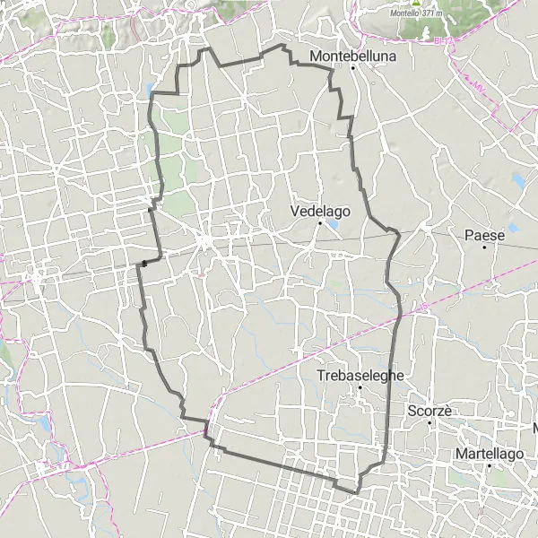 Zemljevid v pomanjšavi "Družaben kolesarski izlet v dolžini 89 km na cesti s 103 m vzponom" kolesarske inspiracije v Veneto, Italy. Generirano z načrtovalcem kolesarskih poti Tarmacs.app