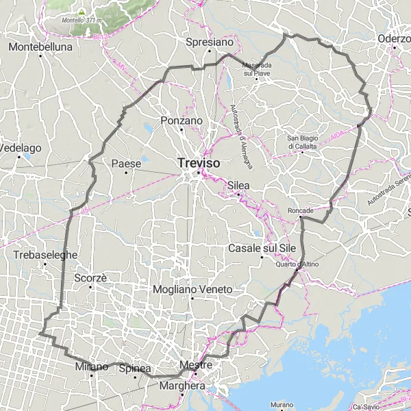 Zemljevid v pomanjšavi "Kolesarska pot okoli Stigliana" kolesarske inspiracije v Veneto, Italy. Generirano z načrtovalcem kolesarskih poti Tarmacs.app
