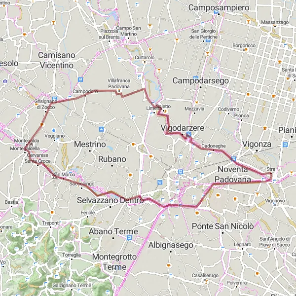 Kartminiatyr av "Noventa Padovana Gravel Runde" sykkelinspirasjon i Veneto, Italy. Generert av Tarmacs.app sykkelrutoplanlegger