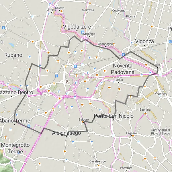 Zemljevid v pomanjšavi "Cestna kolesarska tura skozi Terme Abano" kolesarske inspiracije v Veneto, Italy. Generirano z načrtovalcem kolesarskih poti Tarmacs.app