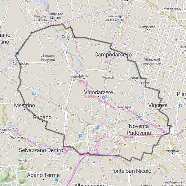 Miniatura della mappa di ispirazione al ciclismo "Giro in Bicicletta da Villa Foscarini Rossi a Vigonza" nella regione di Veneto, Italy. Generata da Tarmacs.app, pianificatore di rotte ciclistiche