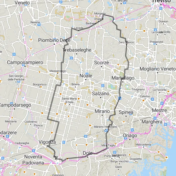 Mapa miniatúra "Cyklotrasa Vigonza" cyklistická inšpirácia v Veneto, Italy. Vygenerované cyklistickým plánovačom trás Tarmacs.app