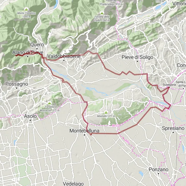 Map miniature of "Gravel Adventure to Giavera del Montello" cycling inspiration in Veneto, Italy. Generated by Tarmacs.app cycling route planner