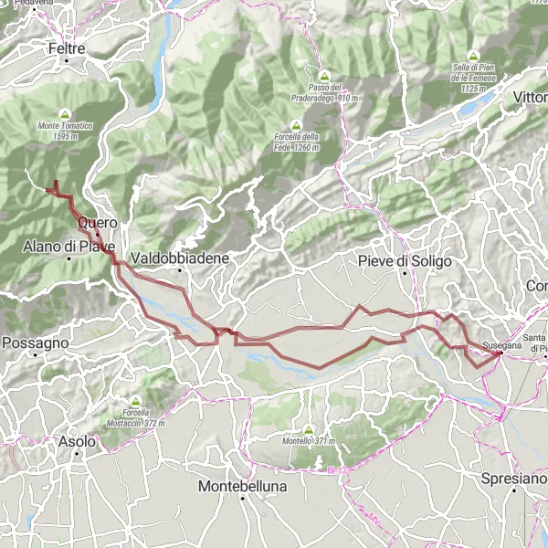 Miniature de la carte de l'inspiration cycliste "L'Exploration des Monts Gravel" dans la Veneto, Italy. Générée par le planificateur d'itinéraire cycliste Tarmacs.app